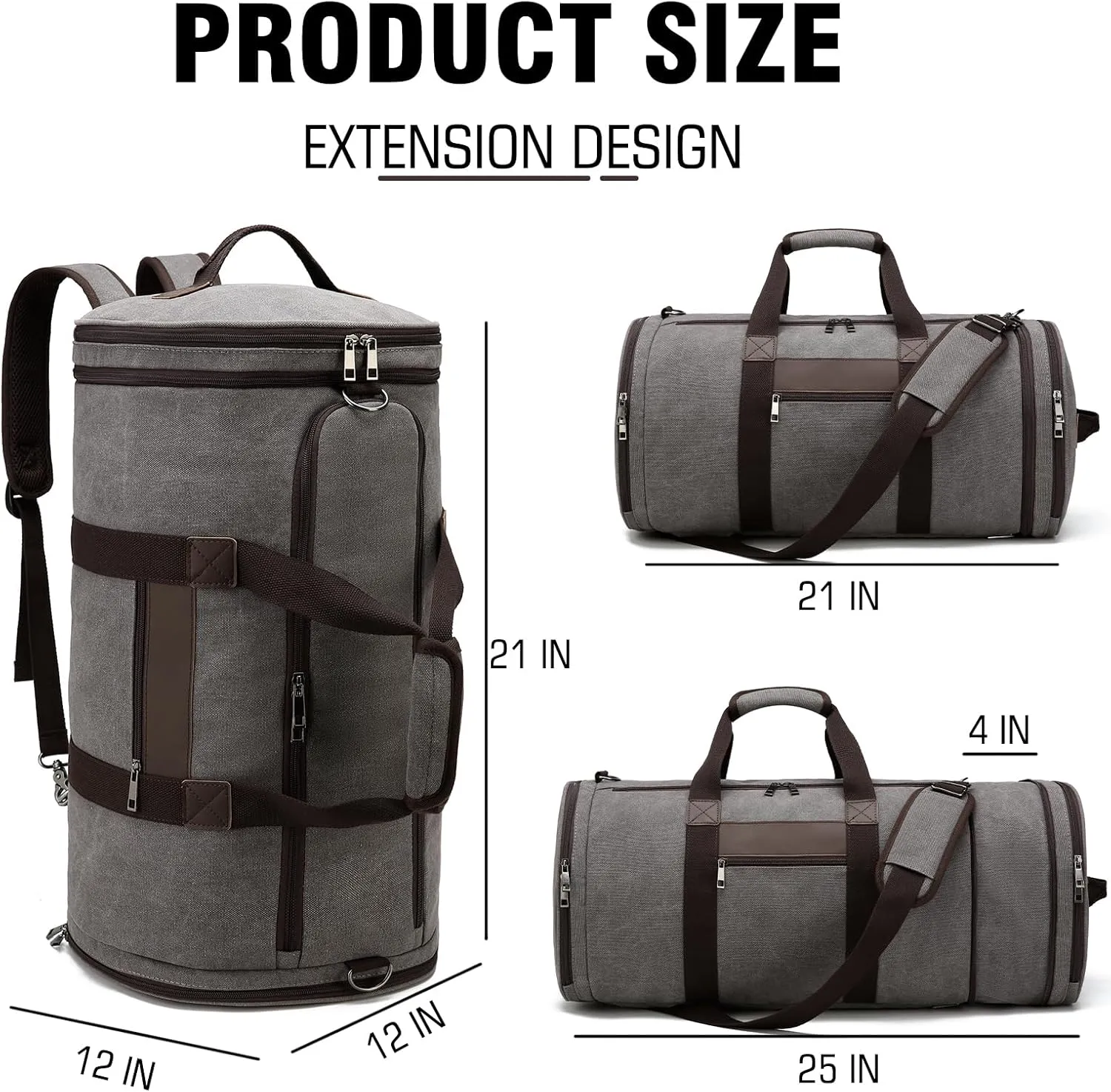 BUG Men Duffle Bag for Travel Canvas Backpack,58L Camping Overnight Bag with Shoes Compartment (Grey)