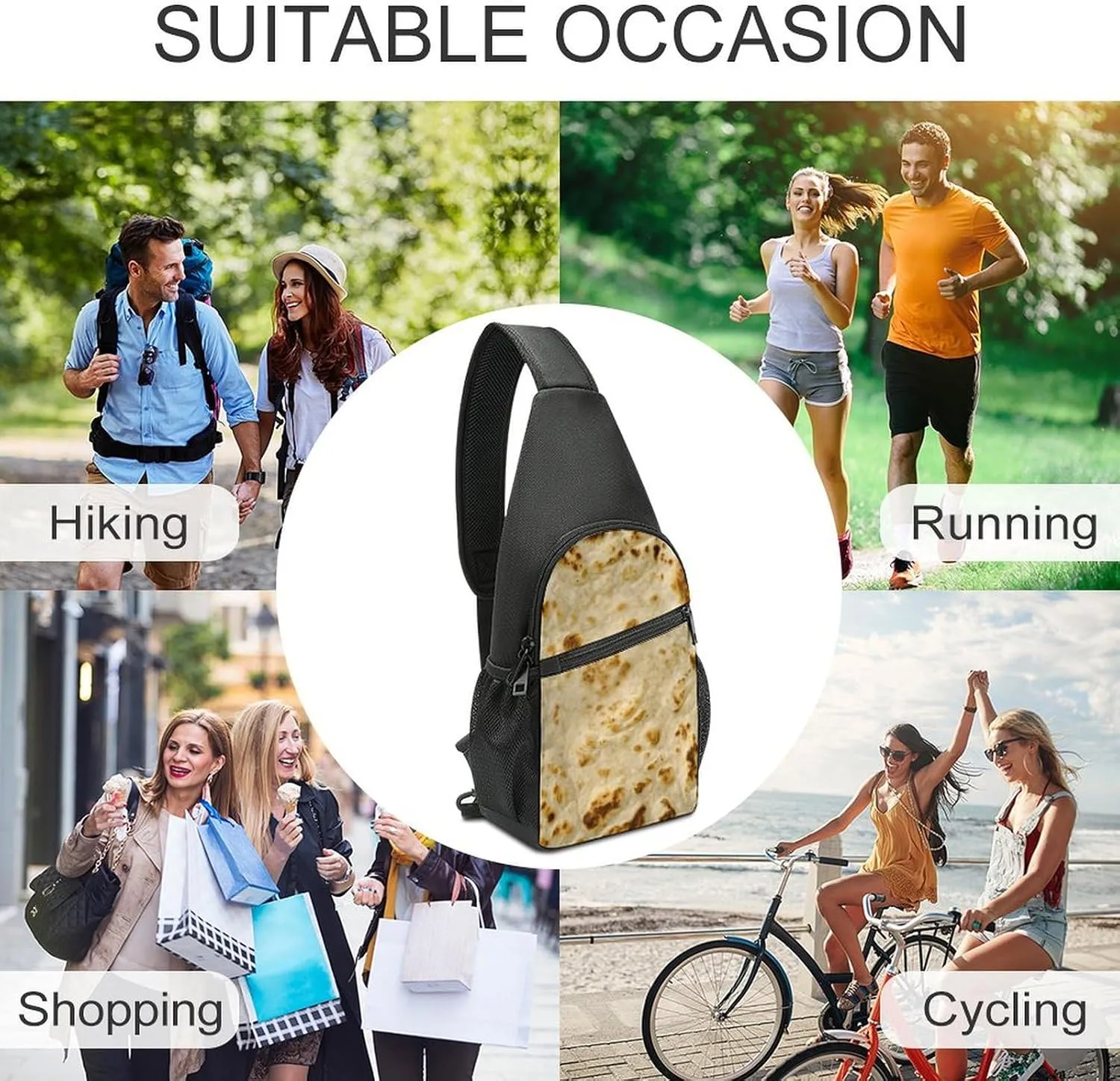 Burritos Giant Tortilla Chest Bag with Mesh Pockets on Both Sides And Main Bag Design