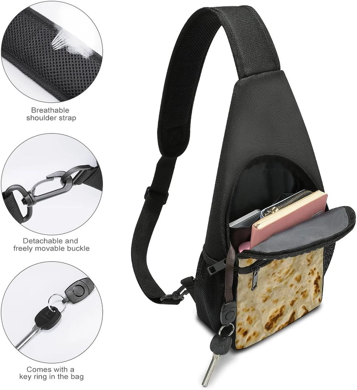 Burritos Giant Tortilla Chest Bag with Mesh Pockets on Both Sides And Main Bag Design