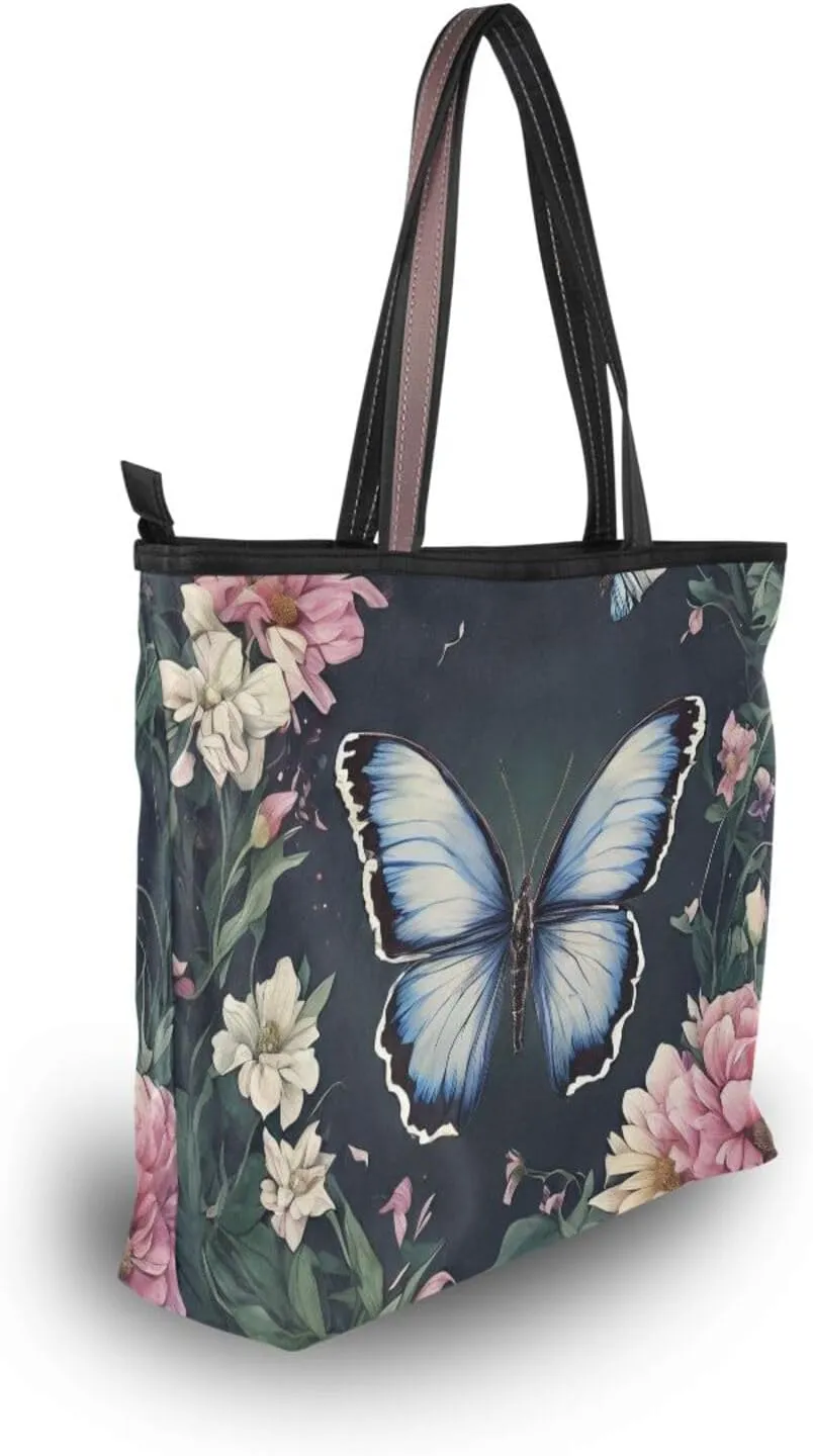 Butterfly Tote Bags for Women Purses and Ladies Work Handbags Medium 2 Size Shoulder Bags with Zipper Pockets