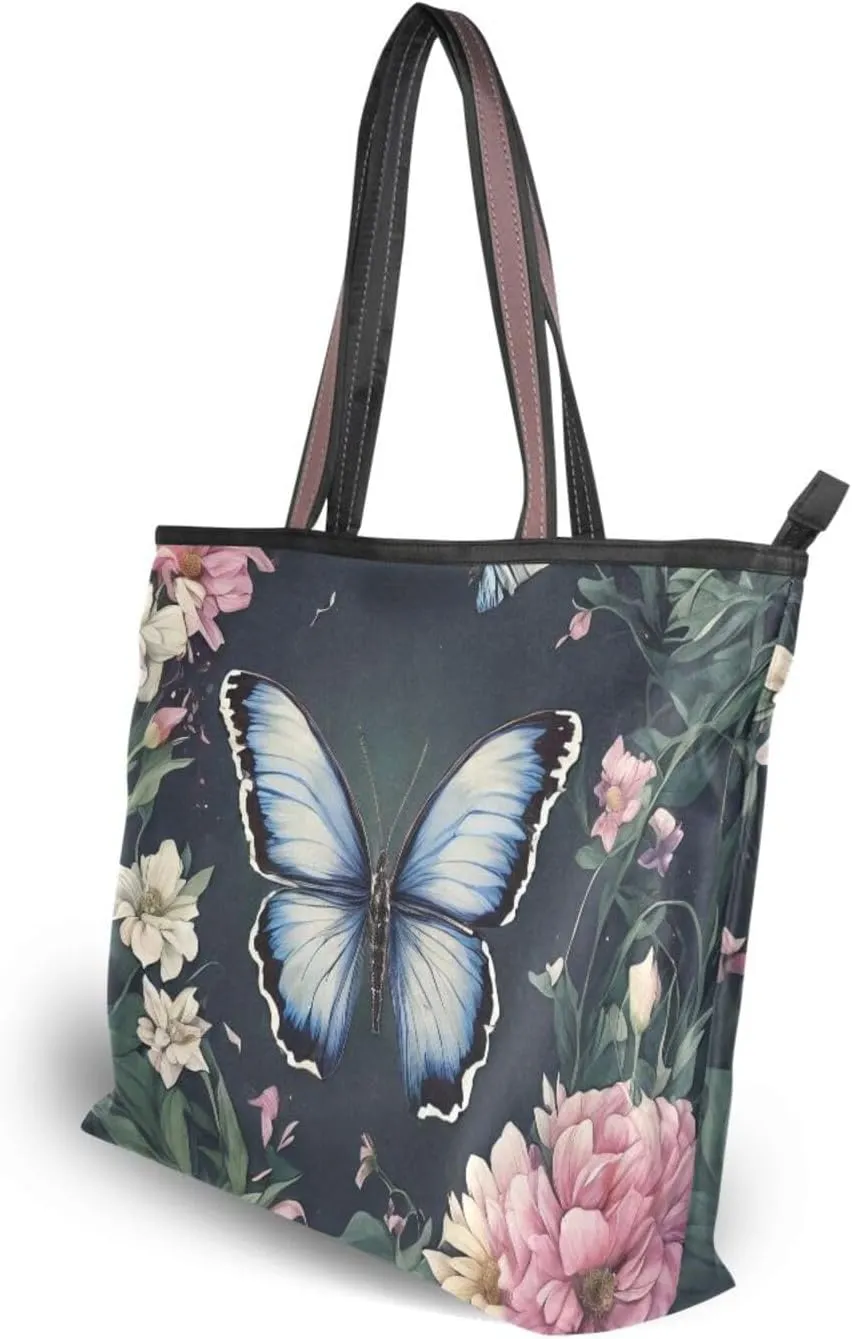 Butterfly Tote Bags for Women Purses and Ladies Work Handbags Medium 2 Size Shoulder Bags with Zipper Pockets