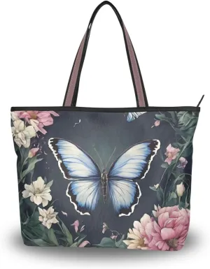 Butterfly Tote Bags for Women Purses and Ladies Work Handbags Medium 2 Size Shoulder Bags with Zipper Pockets