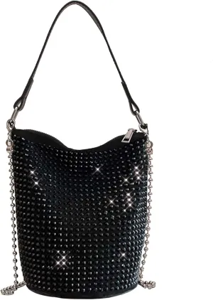 Bydenwely Rhinestone Rivets Bling Bucket Hobo Bag Chic Evening Purse Women Clutch Crossbody Mini Tote for Prom Party