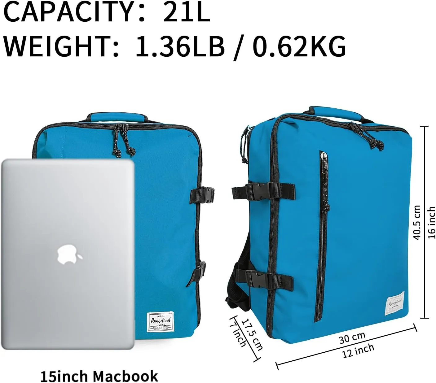 Cabin Hand Luggage Backpack Small Carry-On Daypack Airplane Travel Under-seat for Women Men fits 15.6-inch Laptop, Water Blue