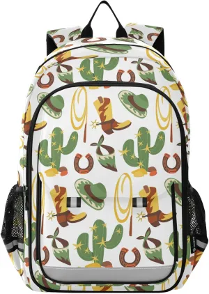 Caikeny Kids Backpack Cowboy Boots Hats Horseshoe Bandana Cacti School Backpacks School Bags Shoulder BookBags Elemetary for Boys Girls Students