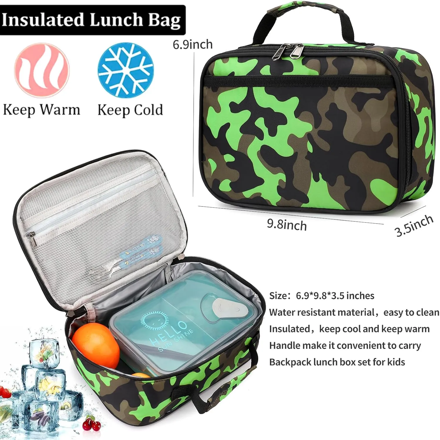 Camo Backpack Set with Lunch Bag Lightweight Waterproof School Backpack Bookbag for Boys Girls