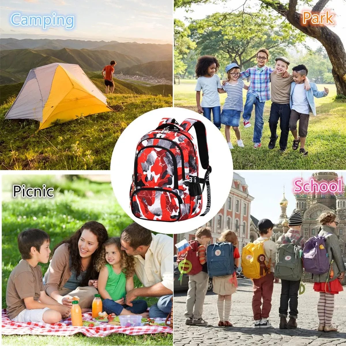 Camo Backpack Set with Lunch Bag Lightweight Waterproof School Backpack Bookbag for Boys Girls