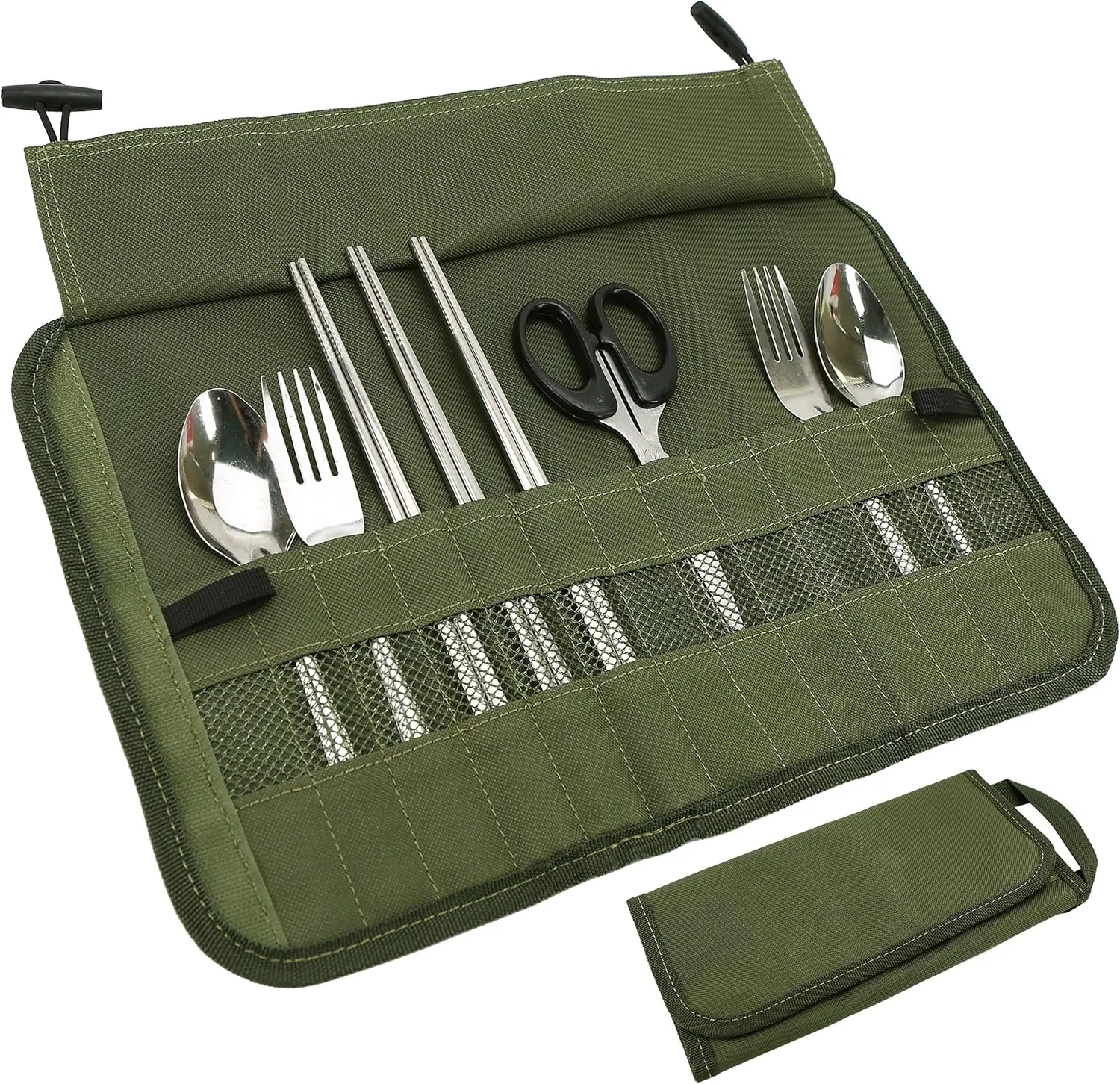 Camping Utensil Roll Bag, Waterproof Chef Knife Cutlery Up Pouch Bag with 13 Slots For Fork, Spoon, Chopstick, Portable Professional Case Hold Storage Kitchen Cooking Set Travel Organizer, Army Green