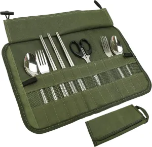 Camping Utensil Roll Bag, Waterproof Chef Knife Cutlery Up Pouch Bag with 13 Slots For Fork, Spoon, Chopstick, Portable Professional Case Hold Storage Kitchen Cooking Set Travel Organizer, Army Green
