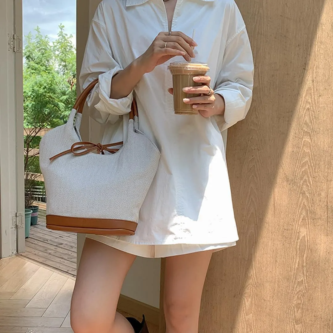 Canvas Bucket Bag for Women Cute Bow Handbags Pu Patchwork Top-Handle Bag Stylish Lady Daily Bucket Bag