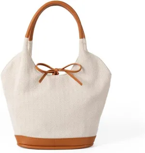 Canvas Bucket Bag for Women Cute Bow Handbags Pu Patchwork Top-Handle Bag Stylish Lady Daily Bucket Bag