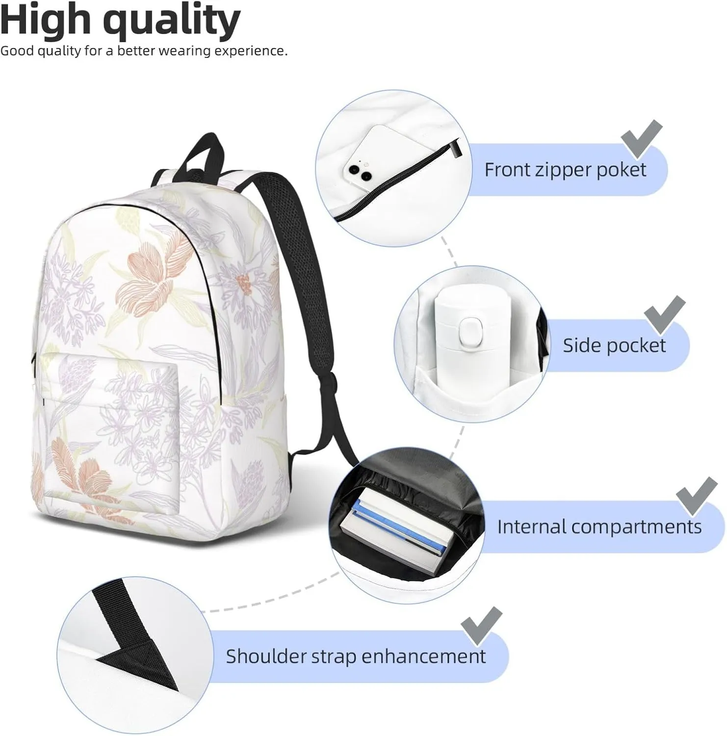 Canvas Casual Backpack Laptop Bag Suitable for Travel Office Outdoor Sports Men and Women Abstract Flowers