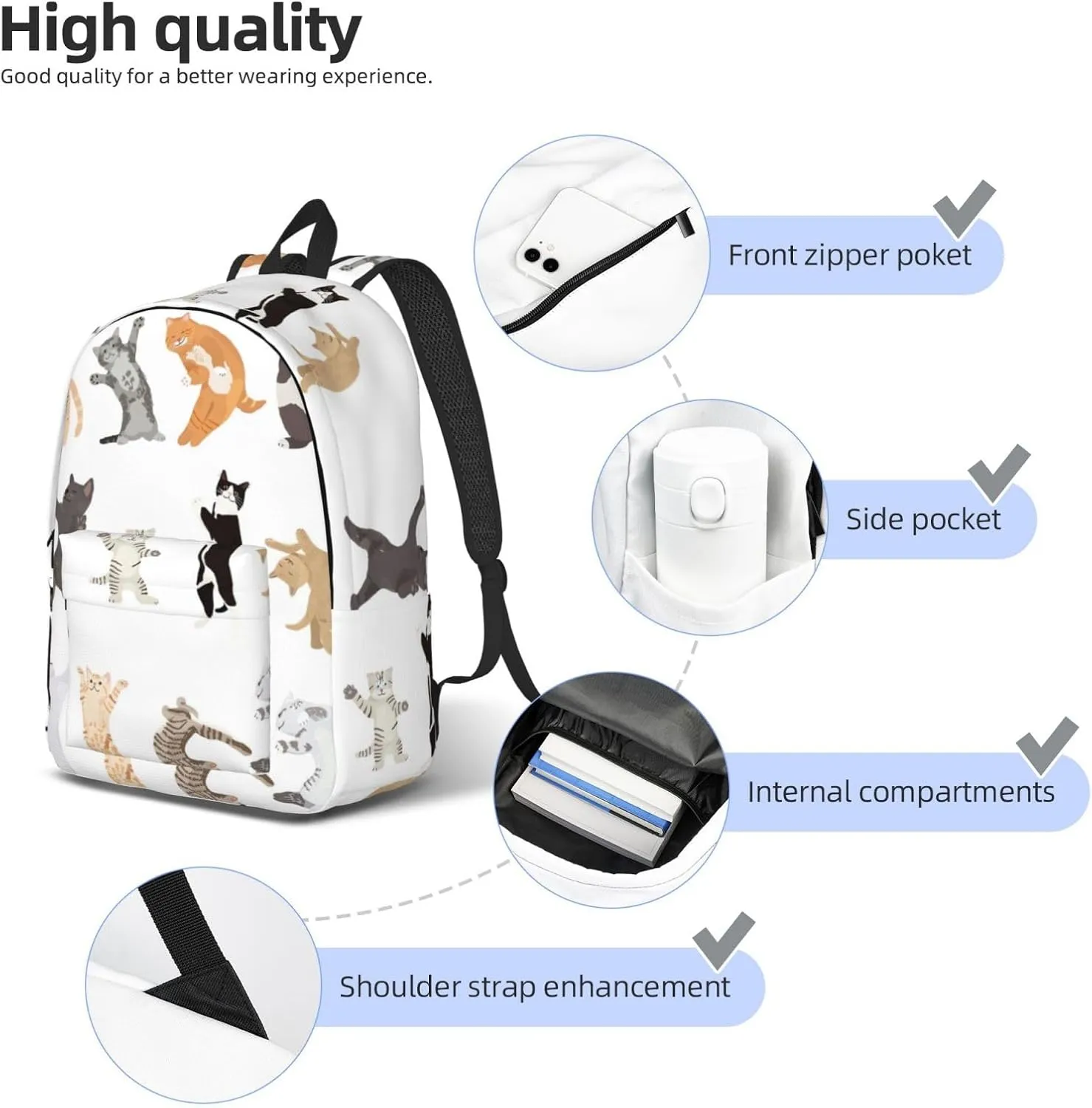 Canvas Casual Backpack Laptop Bag Suitable for Travel Office Outdoor Sports Men and Women Cats