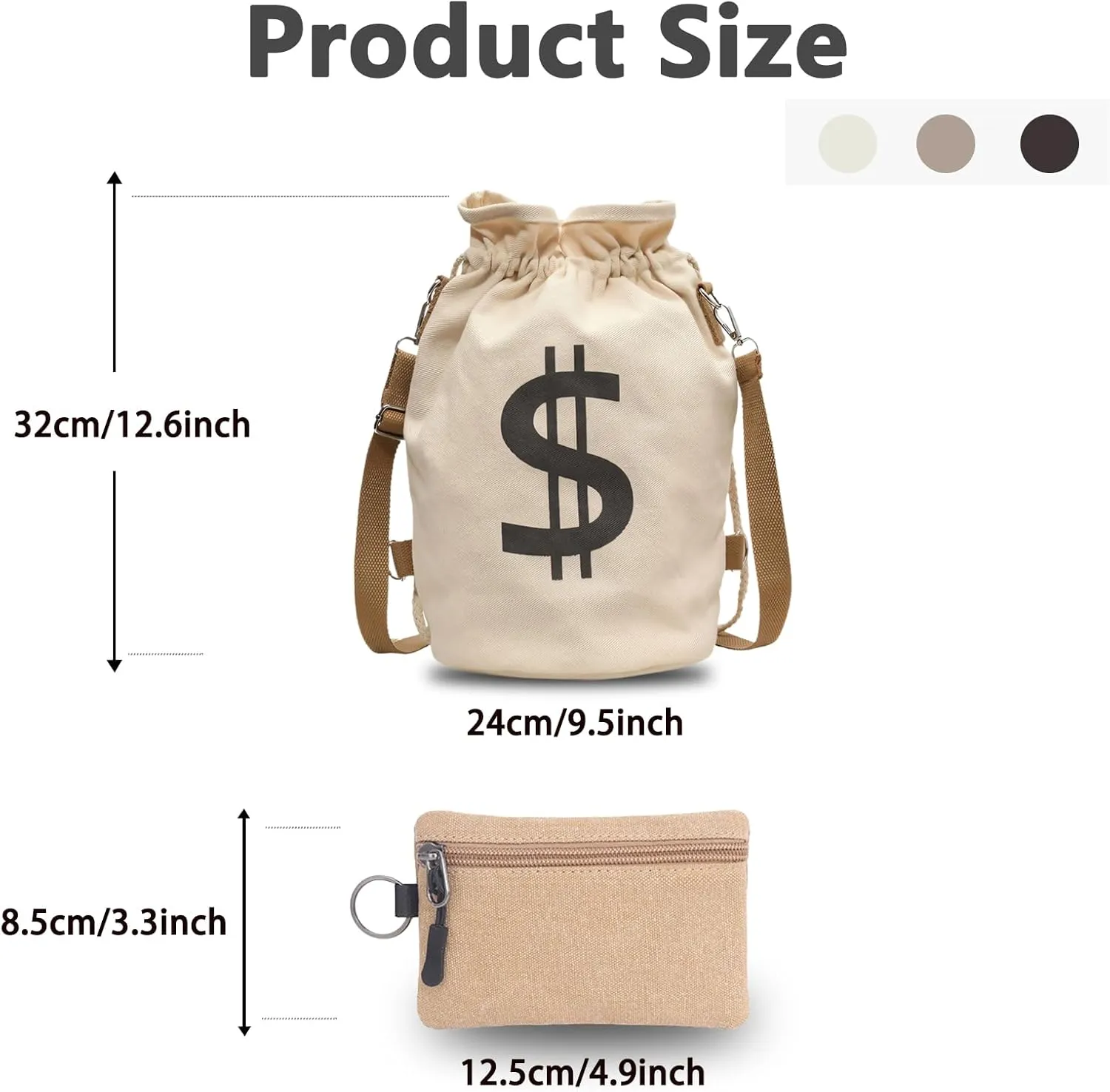 Canvas Drawstring Backpack with Coin pouch, Large Money Dollar Sign Bucket Rucksack, Lightweight Sport Bags (Off White)