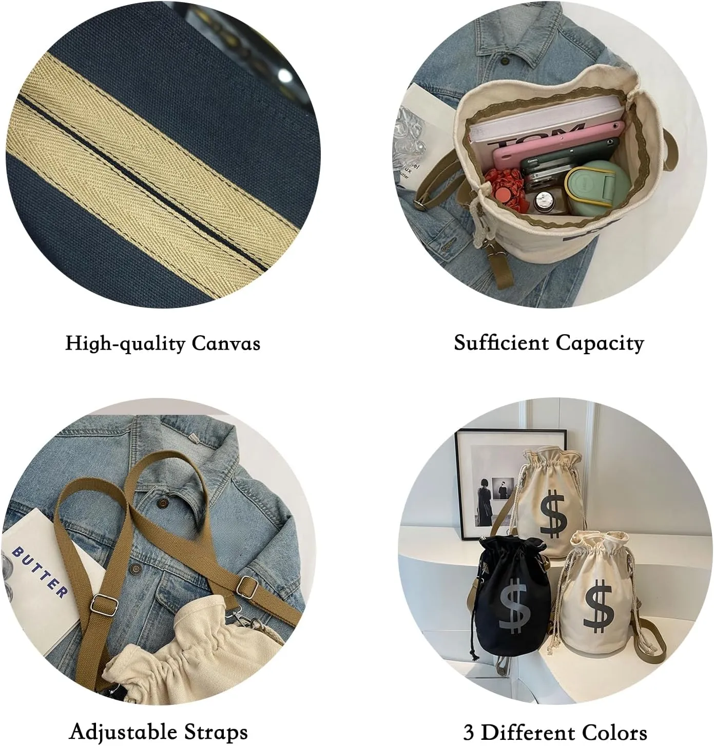 Canvas Drawstring Backpack with Coin pouch, Large Money Dollar Sign Bucket Rucksack, Lightweight Sport Bags (Off White)