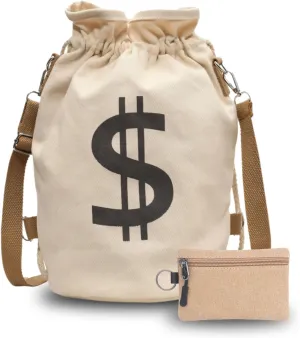 Canvas Drawstring Backpack with Coin pouch, Large Money Dollar Sign Bucket Rucksack, Lightweight Sport Bags (Off White)