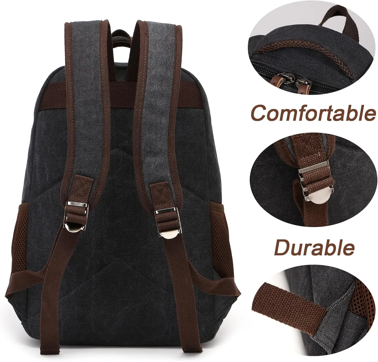 Canvas Laptop Backpack for Men Women, Vintage Daypack, Work Travel Rucksack College Computer Bag Bookbag with 15-inch Laptop Sleeve, Black