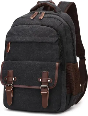 Canvas Laptop Backpack for Men Women, Vintage Daypack, Work Travel Rucksack College Computer Bag Bookbag with 15-inch Laptop Sleeve, Black