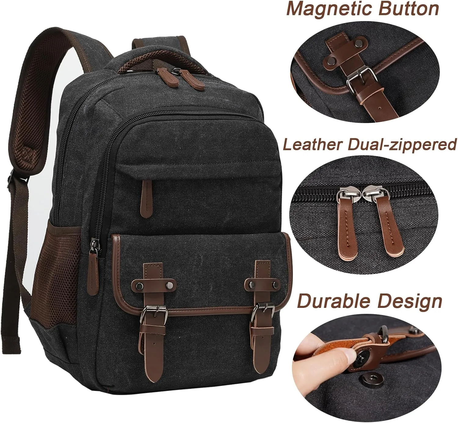 Canvas Laptop Backpack for Men Women, Vintage Daypack, Work Travel Rucksack College Computer Bag Bookbag with 15-inch Laptop Sleeve, Black