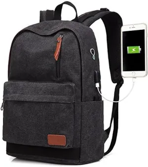 Canvas Laptop Backpack, Waterproof School Backpack With USB Charging College
