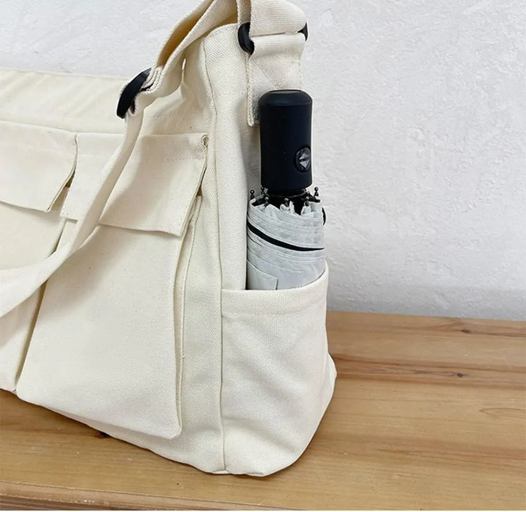 Canvas Messenger Bags for Women, Men Large Cotton Tote Crossbody Bag with Zipper, Cute Shoulder Laptop Bag