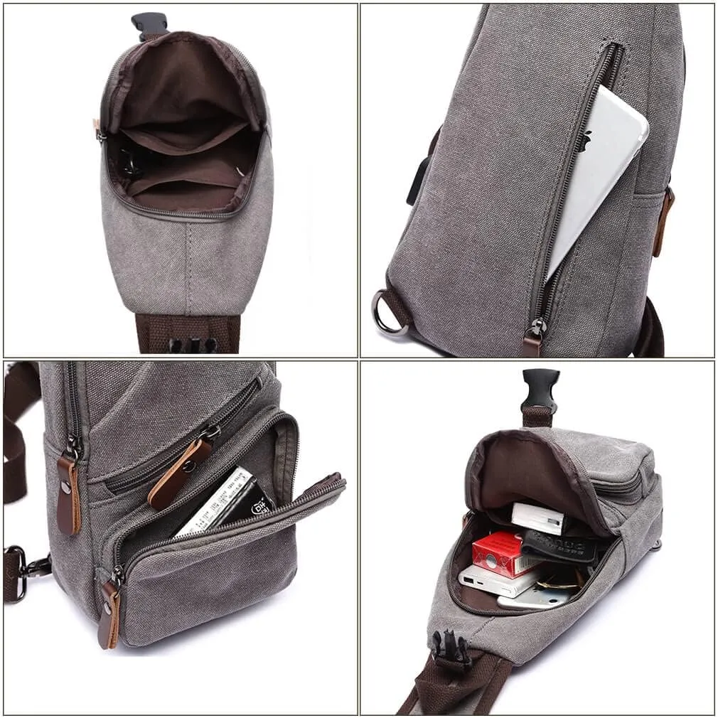 Canvas Sling Bag Crossbody Backpack Shoulder Casual Rucksack for Men Women Outdoor Cycling Hiking Travel Fishing Coffee
