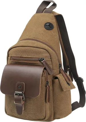 Canvas Sling Bag for Women Men, Crossbody Backpack Vintage Convertible, Rucksack Shoulder Bag W/Leather Accents for Outdoor Cycling Hiking Travel, Coffee