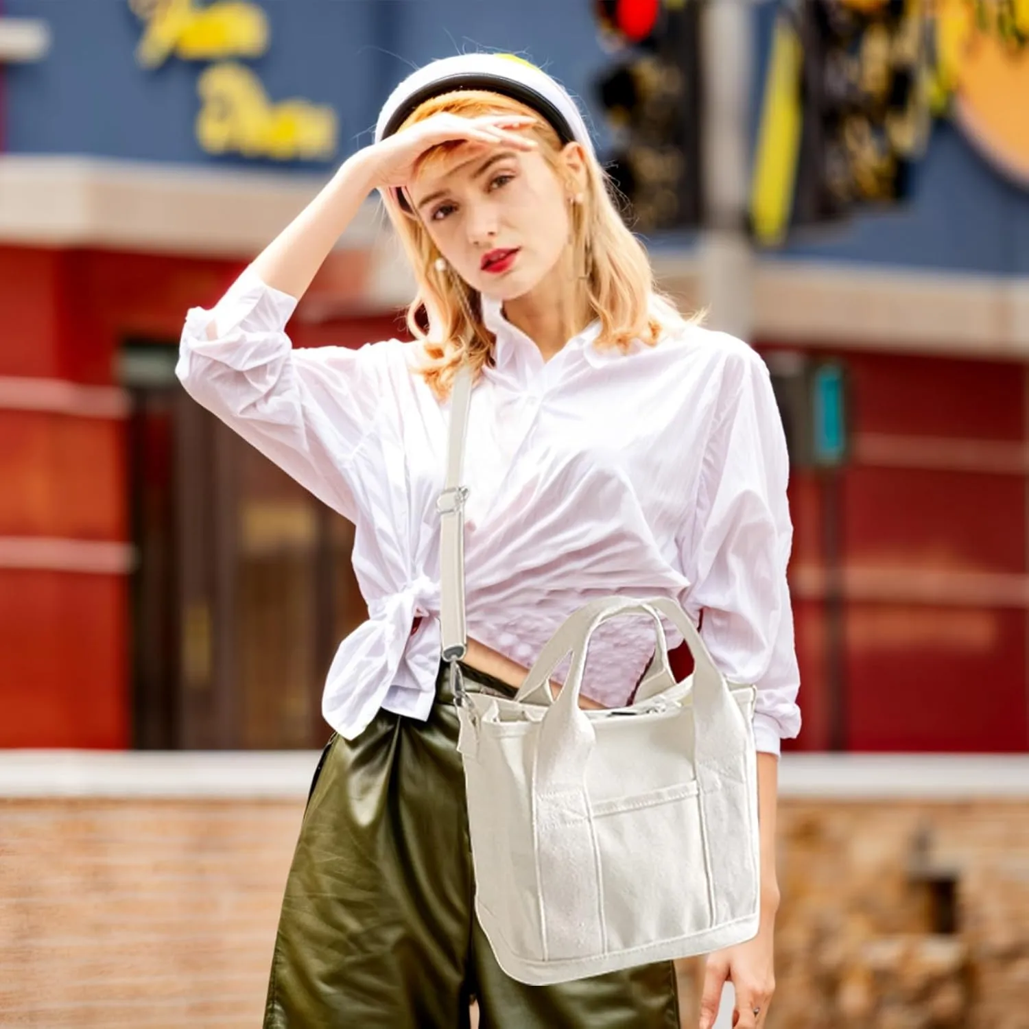 Canvas Tote Bag with Compartments Crossbody Shoulder Handbag with Multi Pockets Everything Tote Bag for Women
