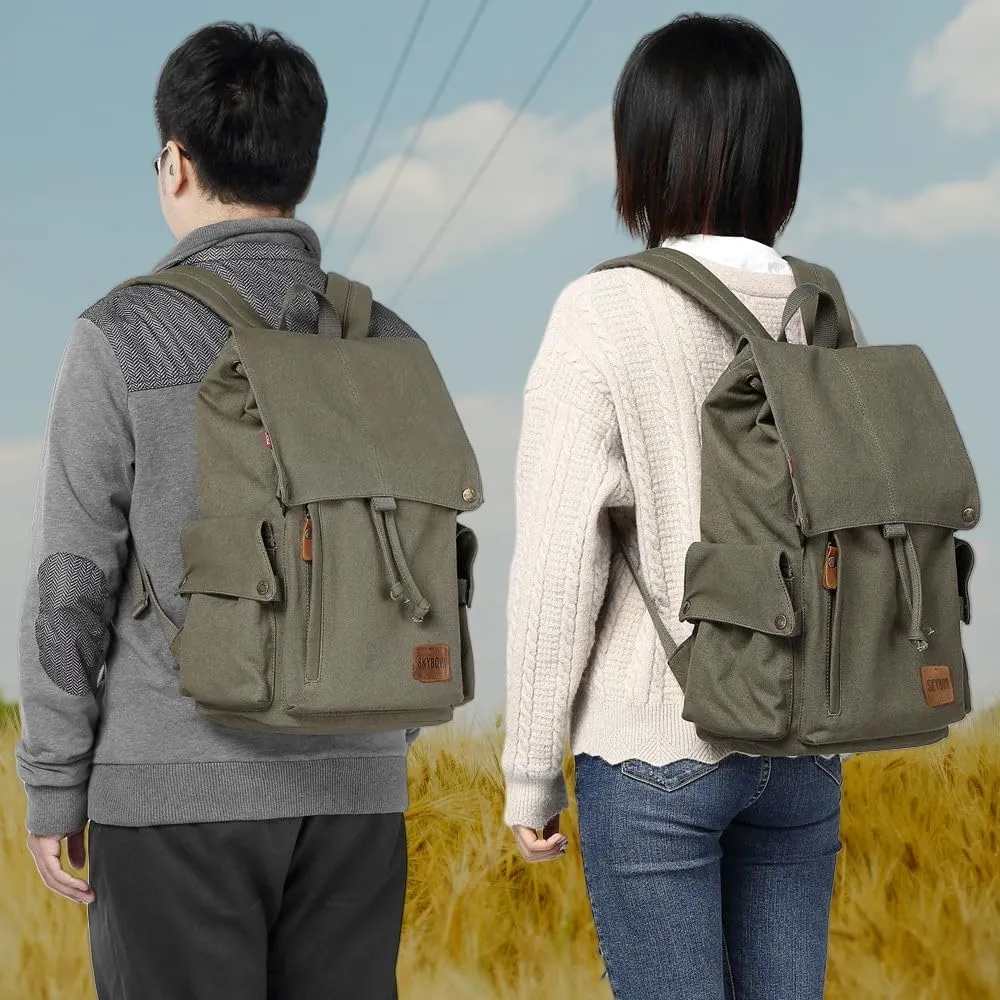 Canvas Vintage Backpack Casual Outdoor Daypack Rucksack for Men Women 15.6inch Laptop Hiking Travel Backpacks (ARMY GREEN)