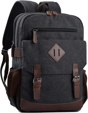 Canvas Vintage Laptop Backpack for Women Men, College Bookbag Fits 15.6 Inch Laptop (Black)