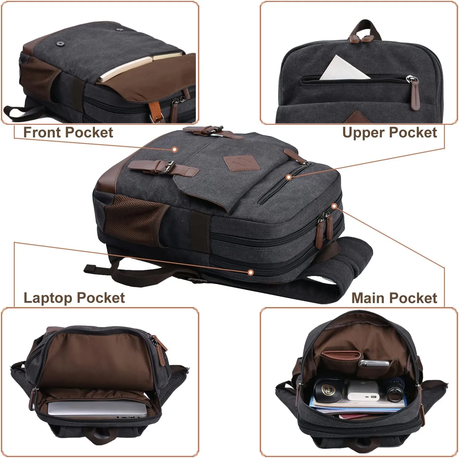 Canvas Vintage Laptop Backpack for Women Men, College Bookbag Fits 15.6 Inch Laptop (Black)