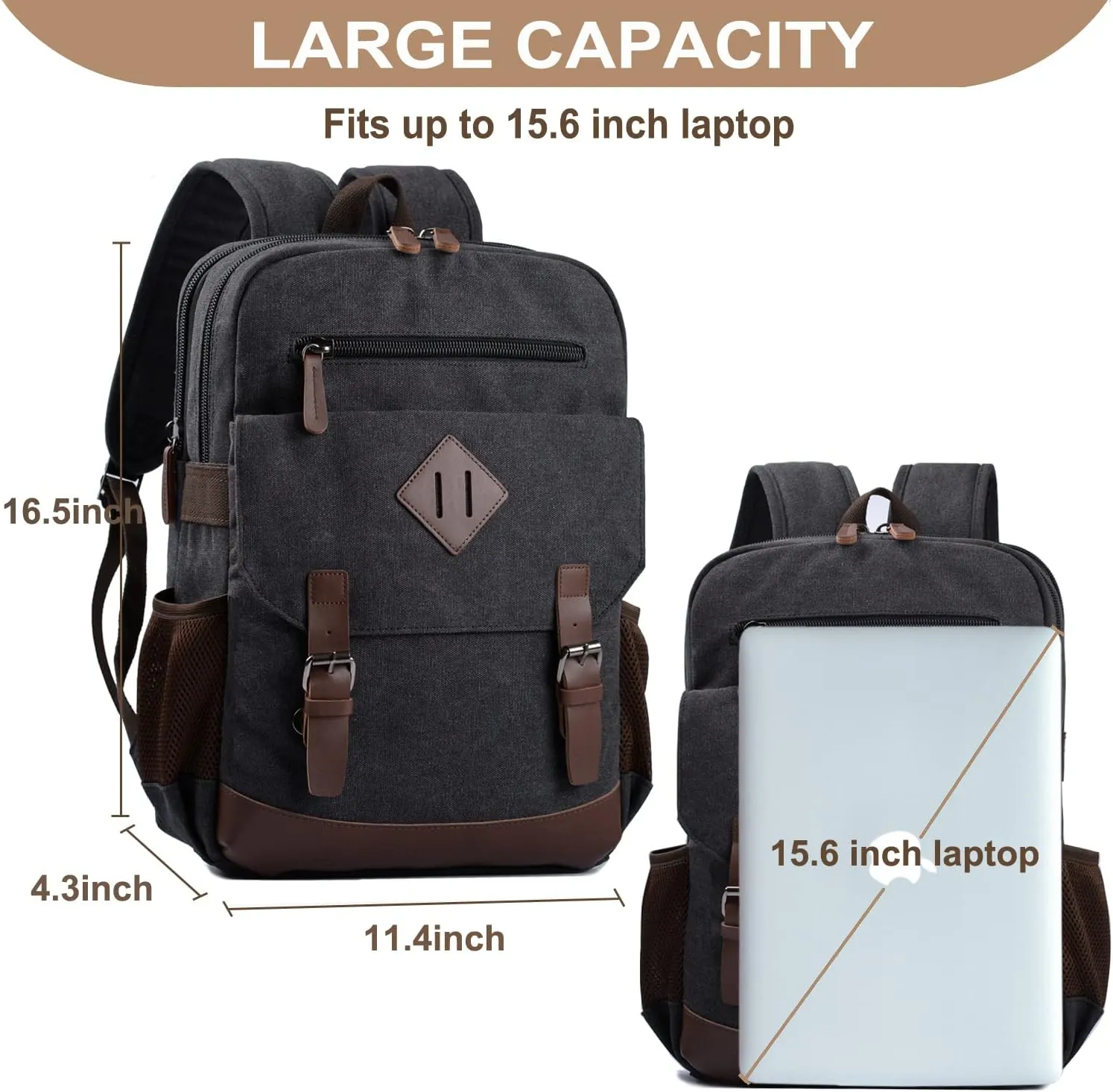 Canvas Vintage Laptop Backpack for Women Men, College Bookbag Fits 15.6 Inch Laptop (Black)