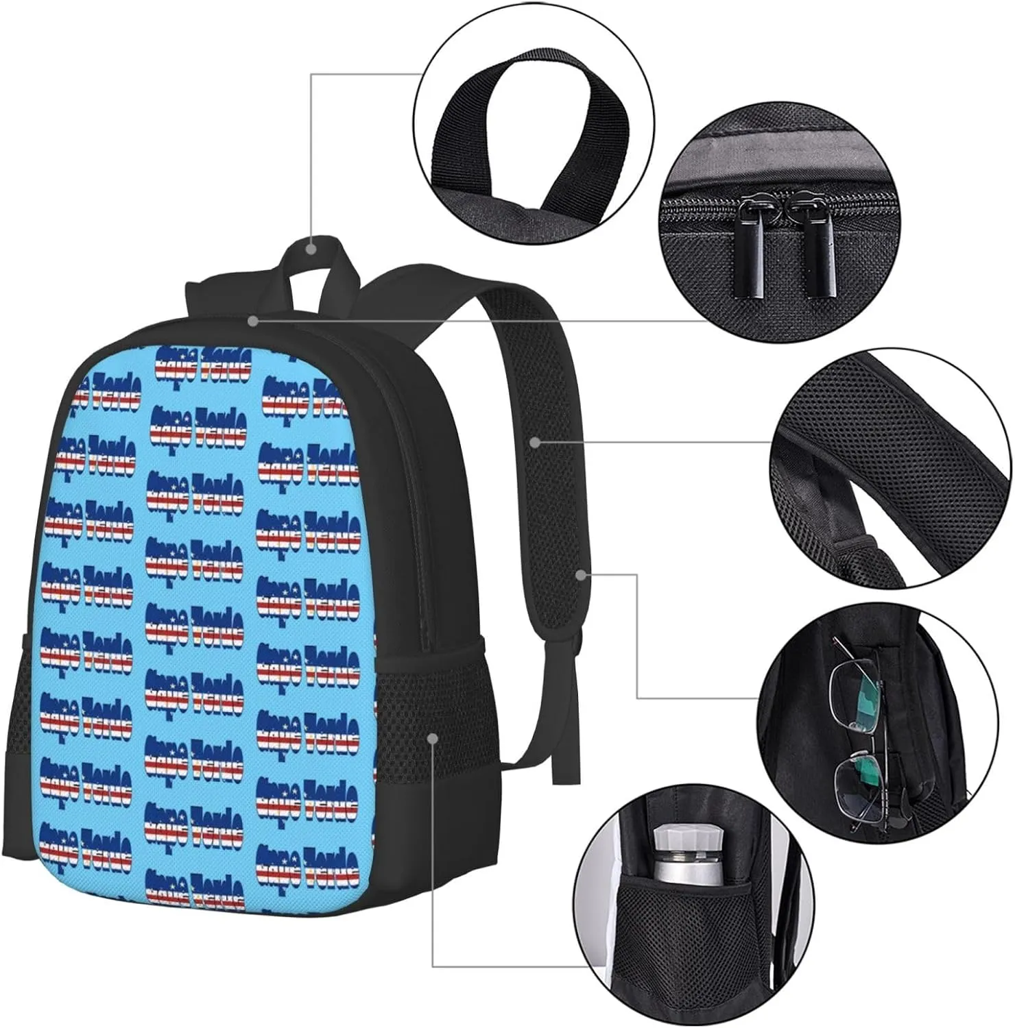 Cape Verde Cape Verdean Flag Casual Backpack Large Capacity Backpacks 15 Inch Laptop Back Pack Travel Rucksack Daypack Commuter Bags with Adjustable Strap for Camping