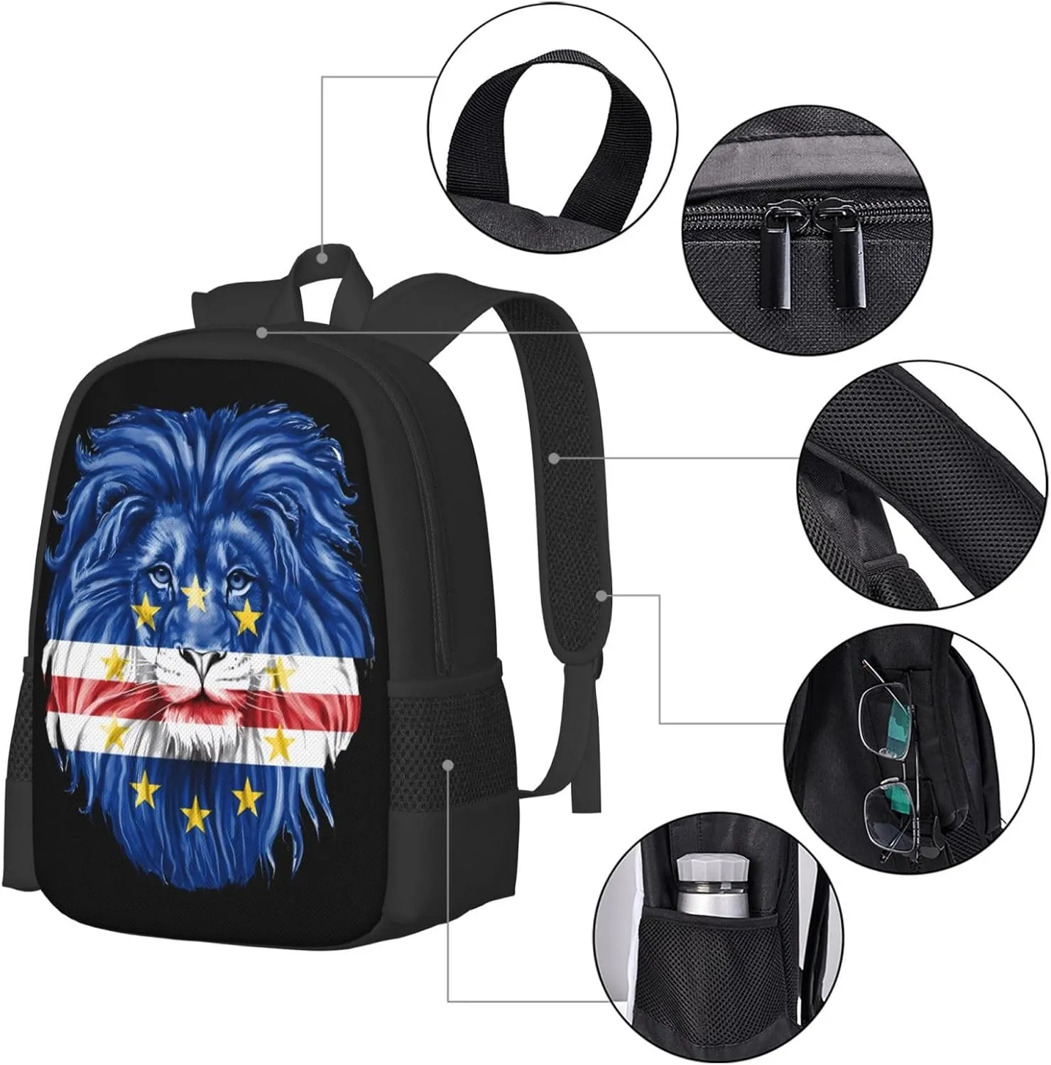 Cape Verde Lion Flag Casual Backpack Large Capacity Backpacks 15 Inch Laptop Back Pack Travel Rucksack Daypack Commuter Bags with Adjustable Strap for Camping