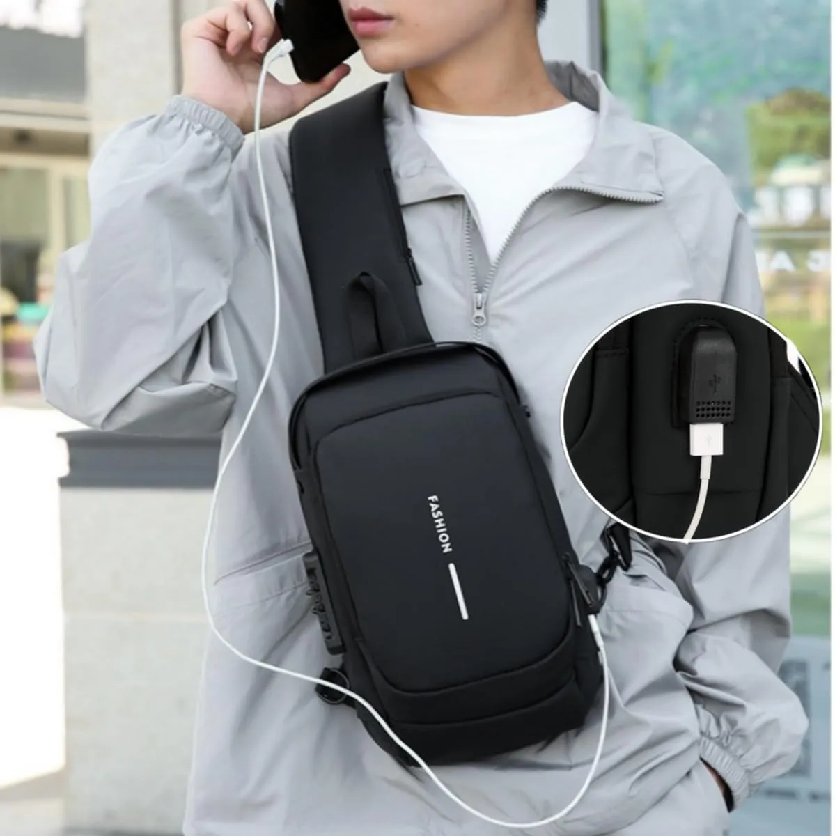 Carbon Fiber Streamline Anti-theft Sling Bag - 2025 New USB Charging Sport Sling, Waterproof Shoulder Backpack (Gray)