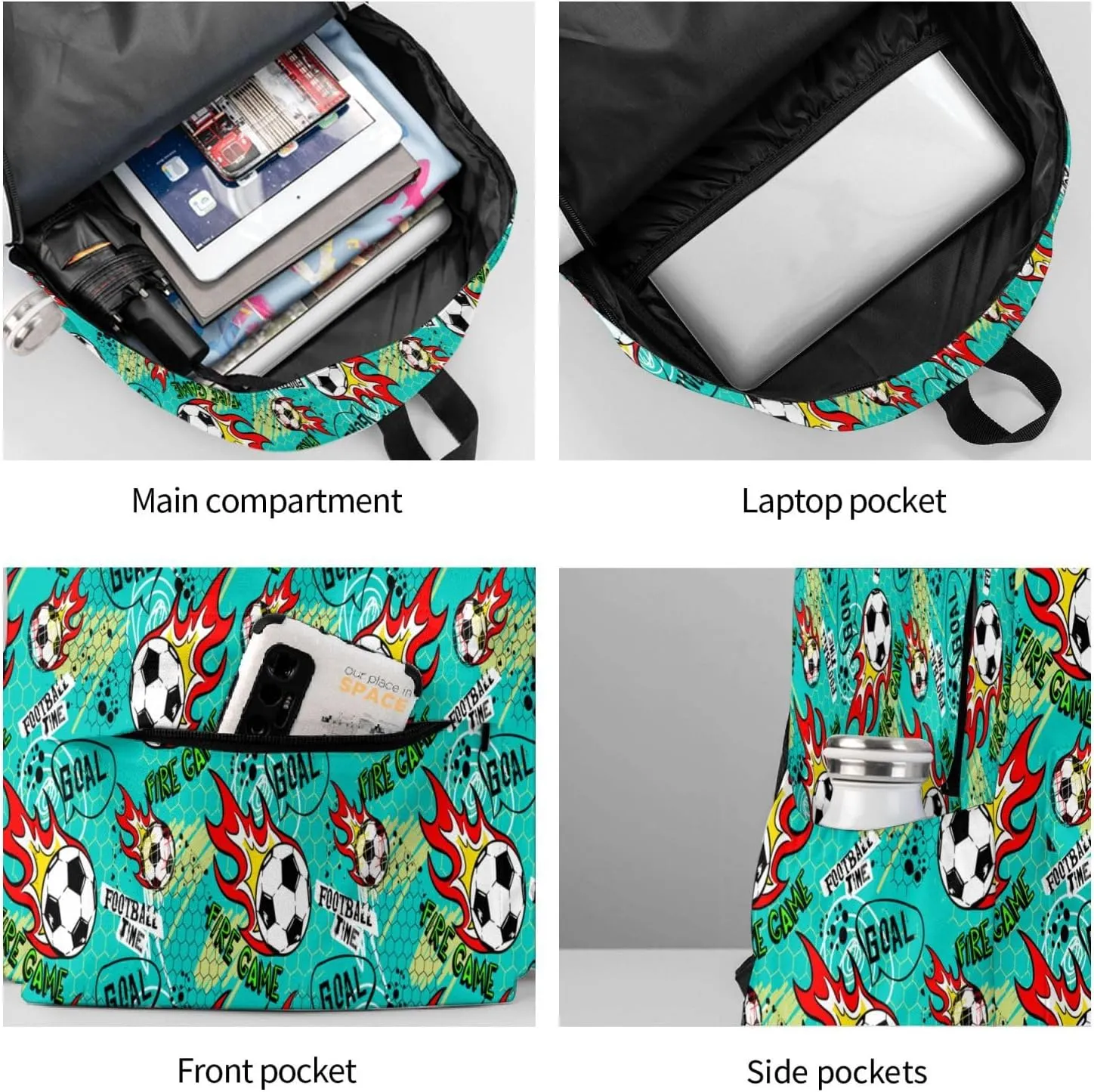 Carton Football Time Fire Goal Game Laptop Backpack Shoulder Bag Laptop Pack Travel Backpacks Commuter Back Pack Casual Daypack Bags With Side Pockets