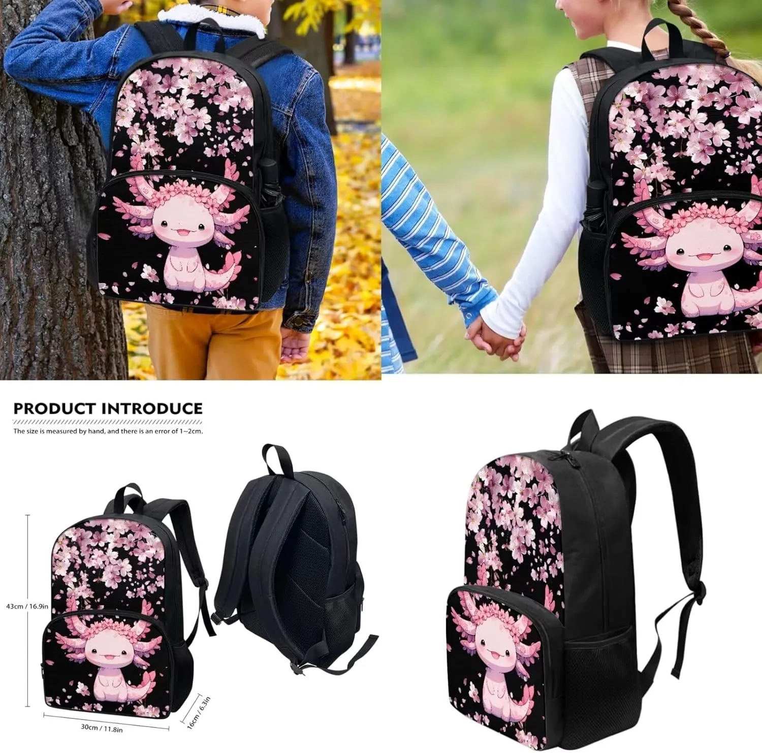 Cartoon Axolotl Schoolbag Set with Lunchbox Pencil Case Water Bottle Sling Bag for Girl,4pcs Cherry Blossom Axolotl Backpack for Elementary Middle School Students,Casual Daypack 17 Inch
