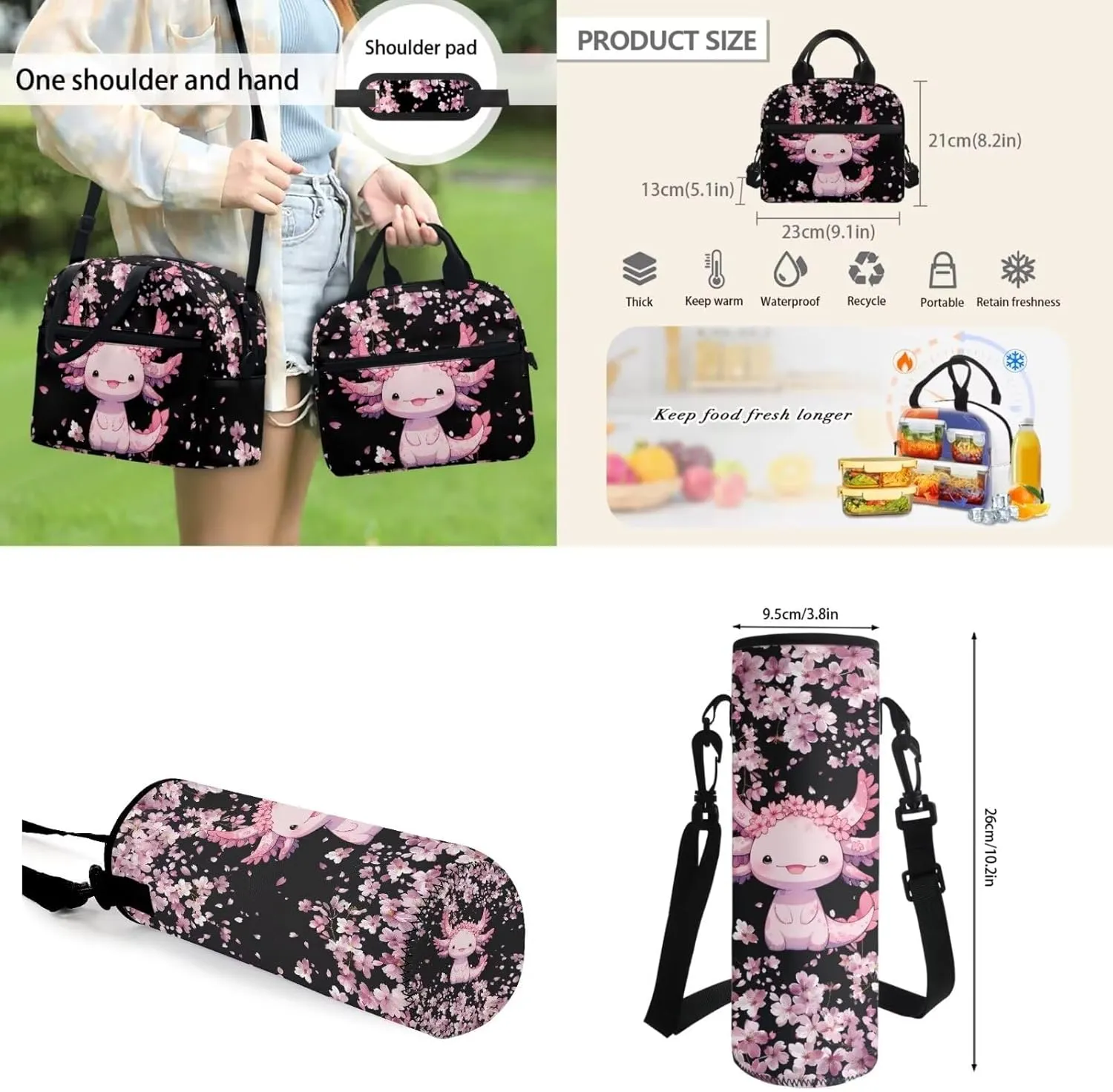 Cartoon Axolotl Schoolbag Set with Lunchbox Pencil Case Water Bottle Sling Bag for Girl,4pcs Cherry Blossom Axolotl Backpack for Elementary Middle School Students,Casual Daypack 17 Inch