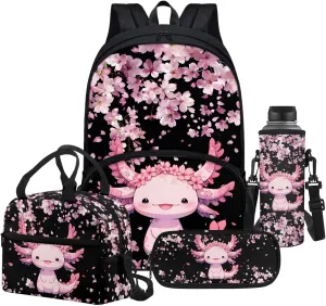 Cartoon Axolotl Schoolbag Set with Lunchbox Pencil Case Water Bottle Sling Bag for Girl,4pcs Cherry Blossom Axolotl Backpack for Elementary Middle School Students,Casual Daypack 17 Inch