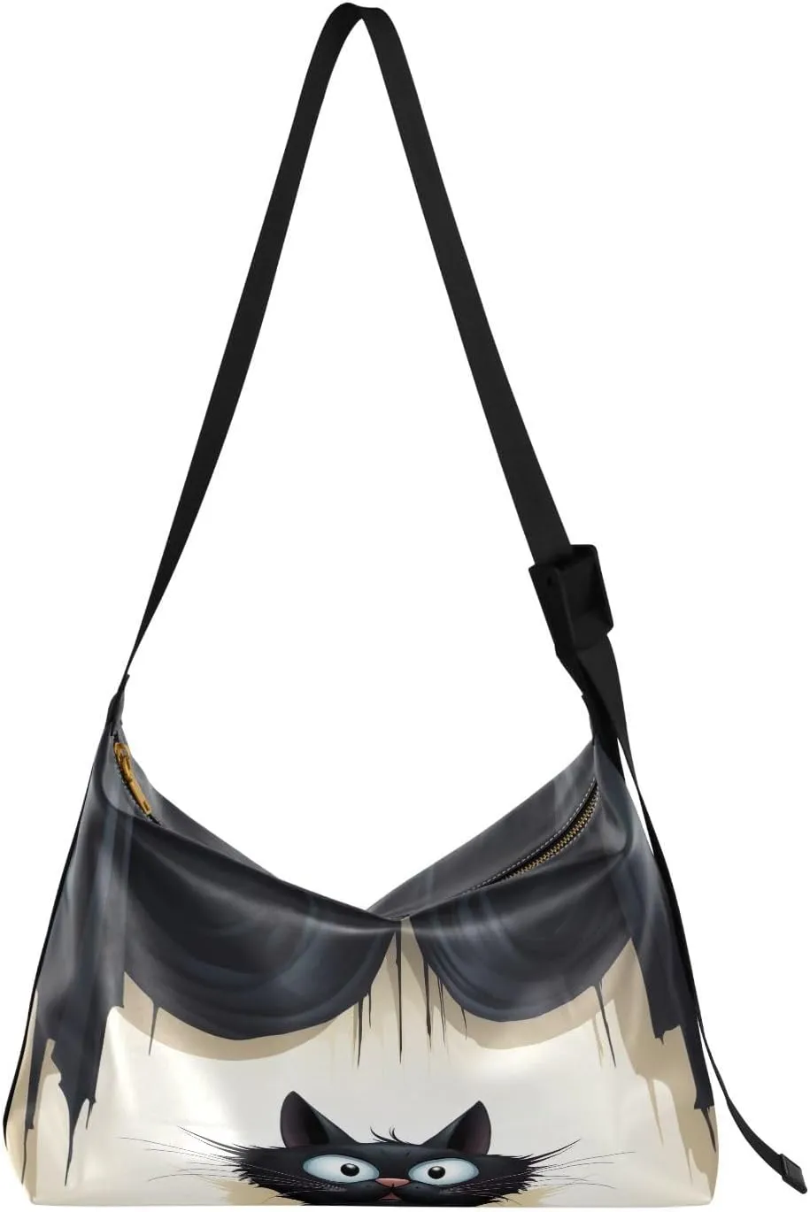 Cartoon Black Cat Curtain Tote Bag for Women Large Hobo Bags Womens Cross Body Purses Hobo Purse with Adjustable Strap for Women Men