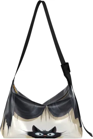 Cartoon Black Cat Curtain Tote Bag for Women Large Hobo Bags Womens Cross Body Purses Hobo Purse with Adjustable Strap for Women Men