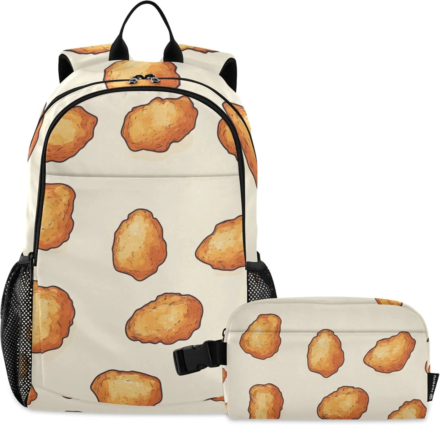 Cartoon Fried Chicken Nuggets Backpack with Lunch Bag, Travel School Backpack for Boys Girls Kids Backpacks Set