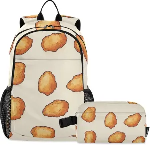 Cartoon Fried Chicken Nuggets Backpack with Lunch Bag, Travel School Backpack for Boys Girls Kids Backpacks Set