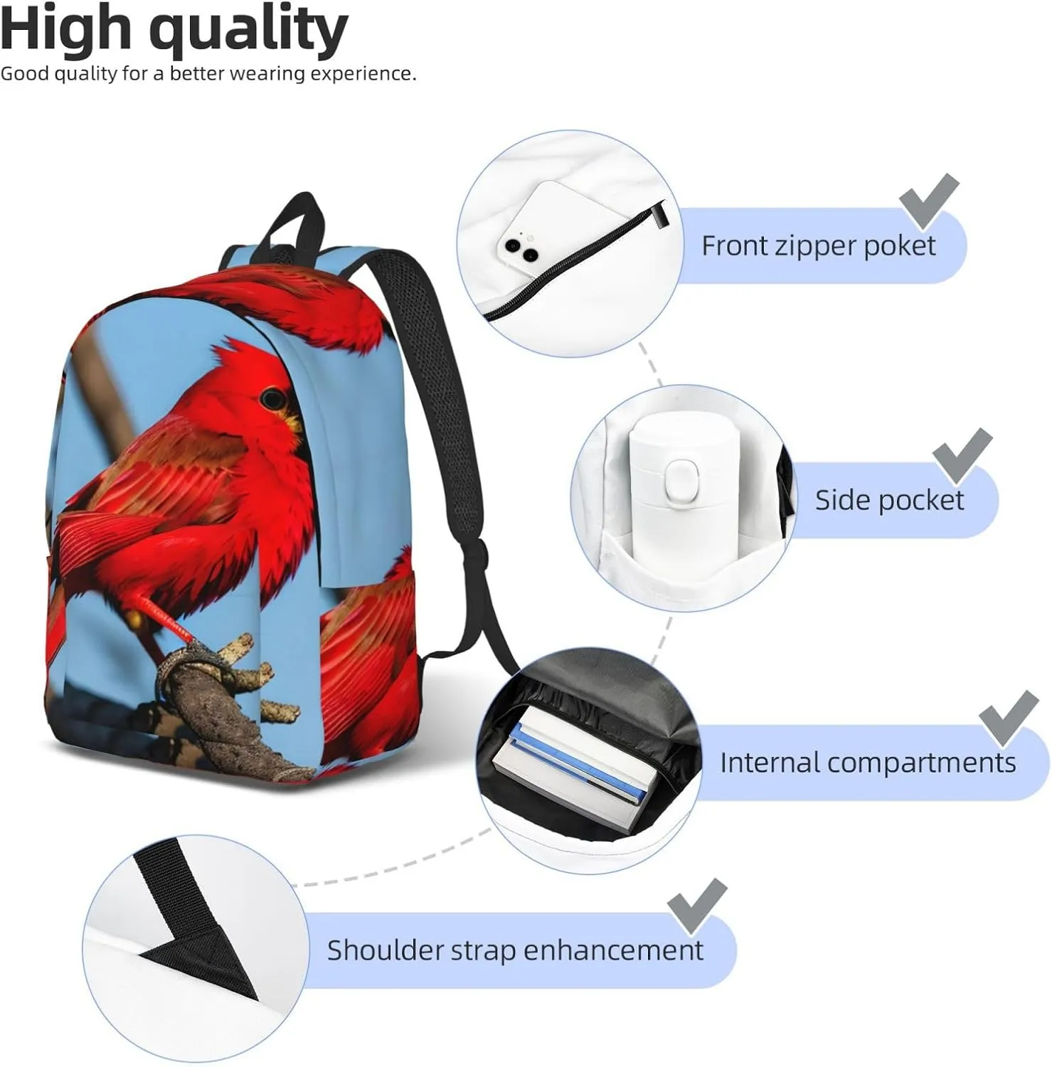 Casual Canvas Backpack, Laptop Rucksack,Shoulder Travel Camping Hiking Backpacks for Men Women-beautiful red Bird