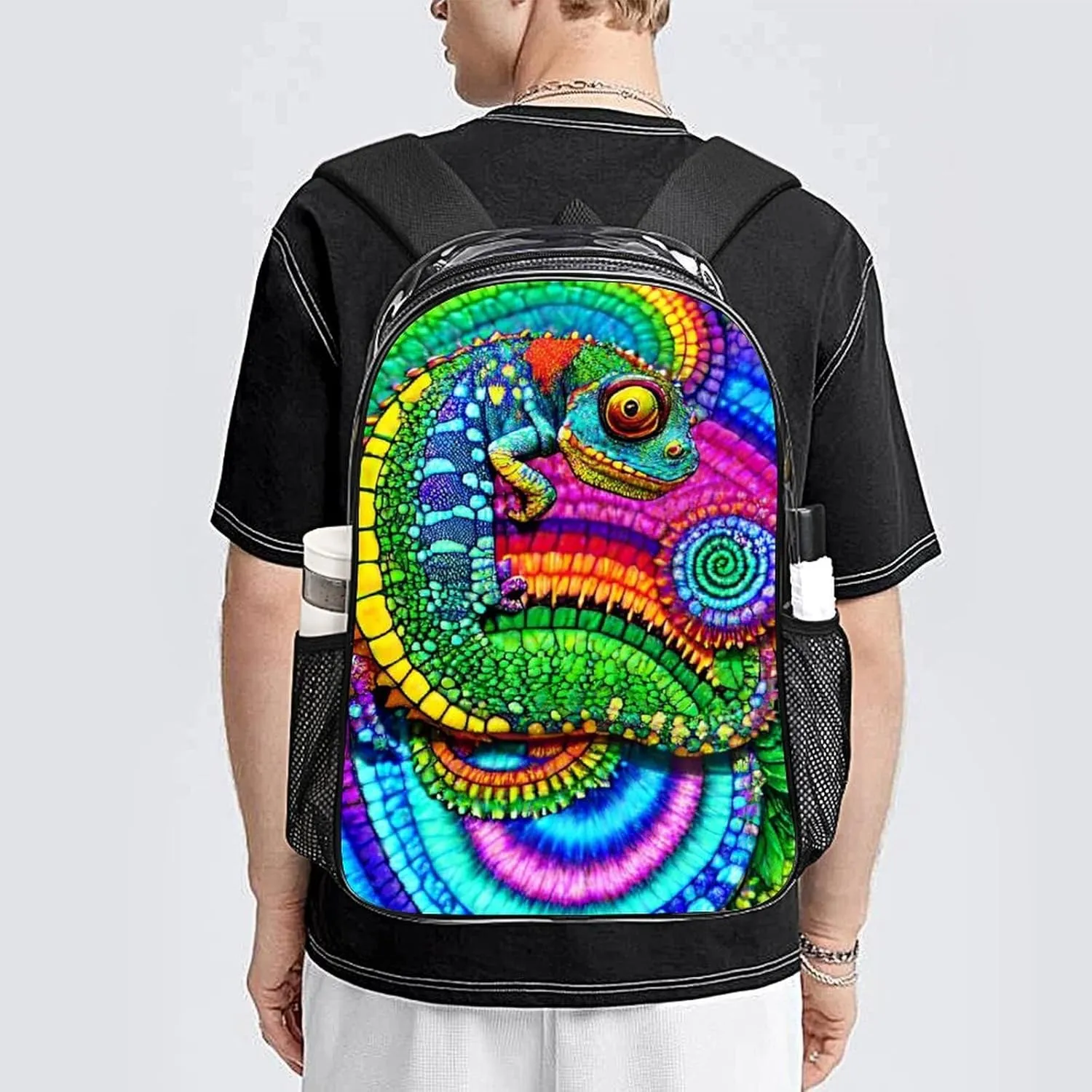 Casual Daypack Multipurpose Anti-Theft Large Capacity Carry On Bag - Psychedelic Rainbow Chameleon Art Casual Daypack Climbing Shoulder Transparent Bag