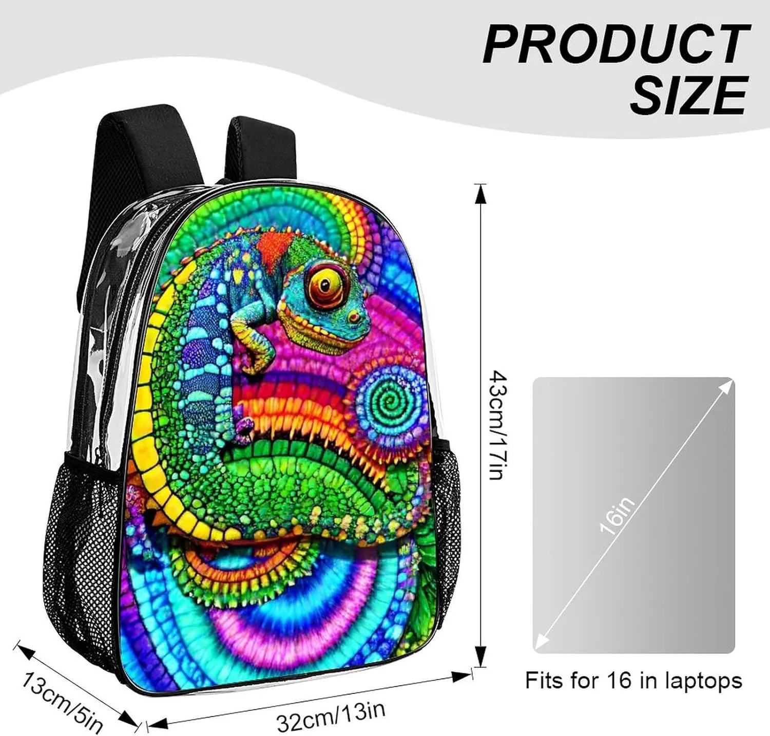 Casual Daypack Multipurpose Anti-Theft Large Capacity Carry On Bag - Psychedelic Rainbow Chameleon Art Casual Daypack Climbing Shoulder Transparent Bag