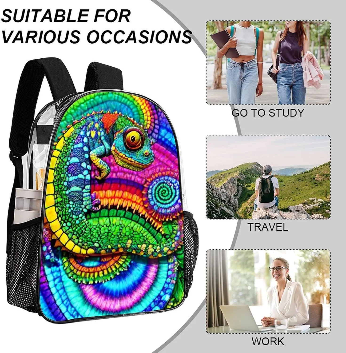 Casual Daypack Multipurpose Anti-Theft Large Capacity Carry On Bag - Psychedelic Rainbow Chameleon Art Casual Daypack Climbing Shoulder Transparent Bag