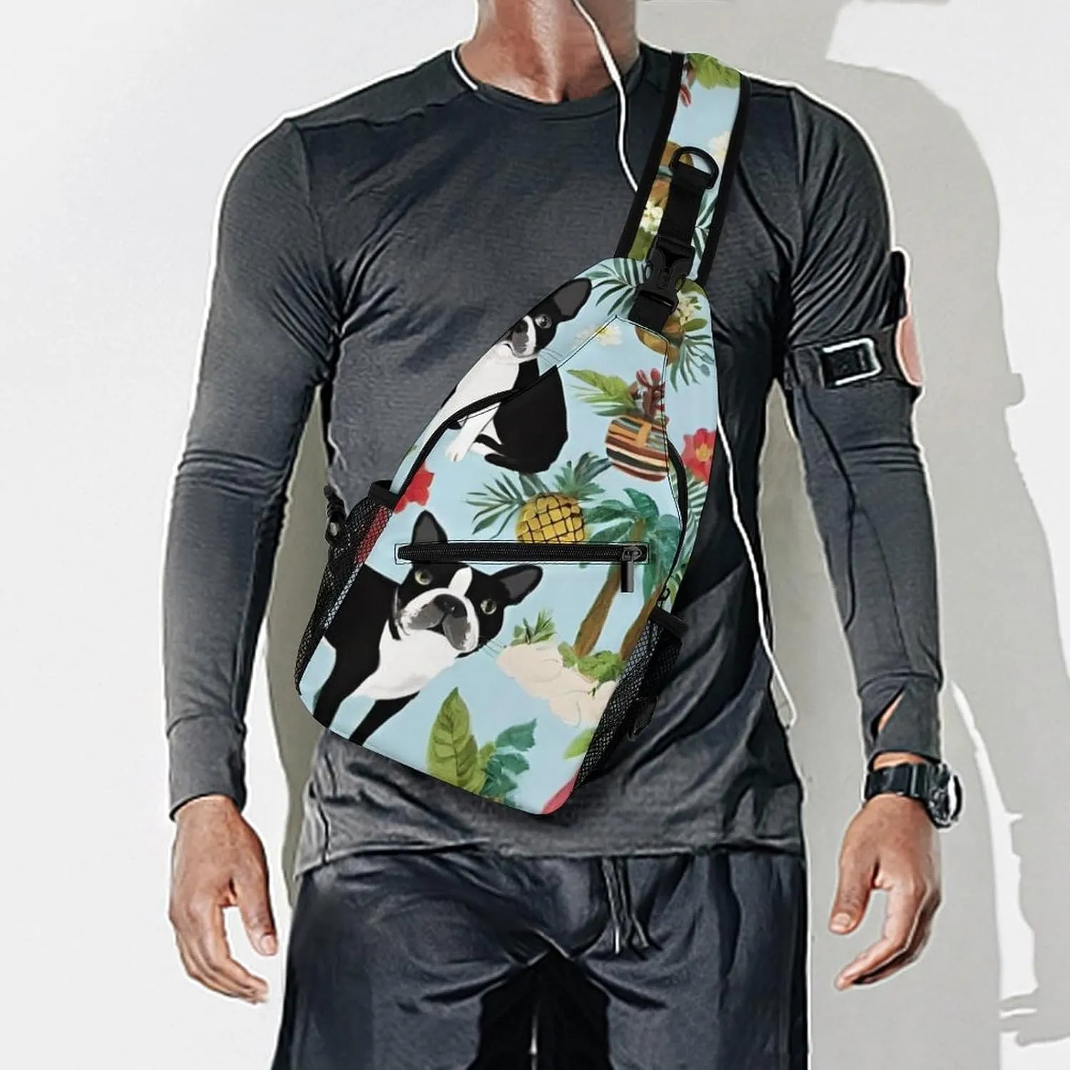 Casual Sling Backpack, Backpacking, Boston Terrier Dog Palm Trees Art Shoulder Chest Crossbody Bag, Camera Case, Casual Carrying Tote Case Crossbody Travel Bag for Men Women
