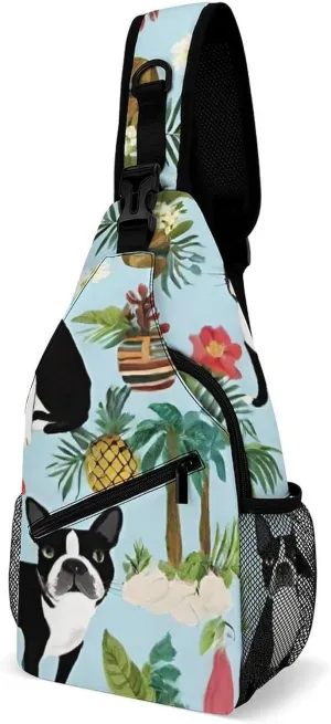 Casual Sling Backpack, Backpacking, Boston Terrier Dog Palm Trees Art Shoulder Chest Crossbody Bag, Camera Case, Casual Carrying Tote Case Crossbody Travel Bag for Men Women