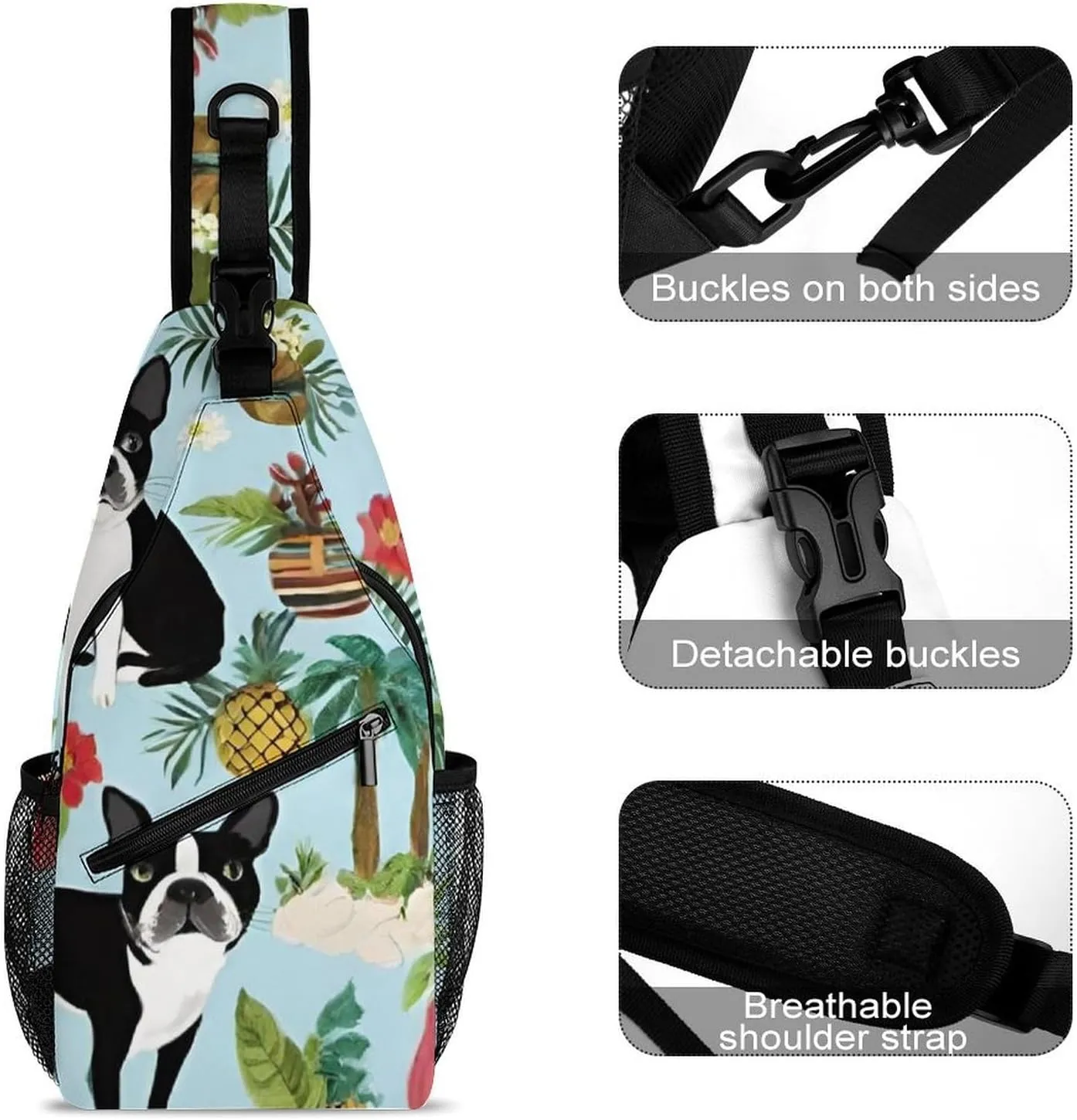 Casual Sling Backpack, Backpacking, Boston Terrier Dog Palm Trees Art Shoulder Chest Crossbody Bag, Camera Case, Casual Carrying Tote Case Crossbody Travel Bag for Men Women